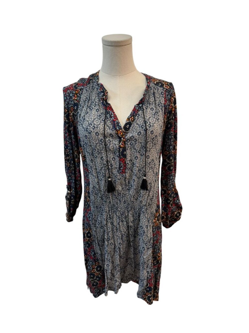 Akemi + Kin Anthropologie Boho Floral Tunic Dress XS Tassel Tie GUC